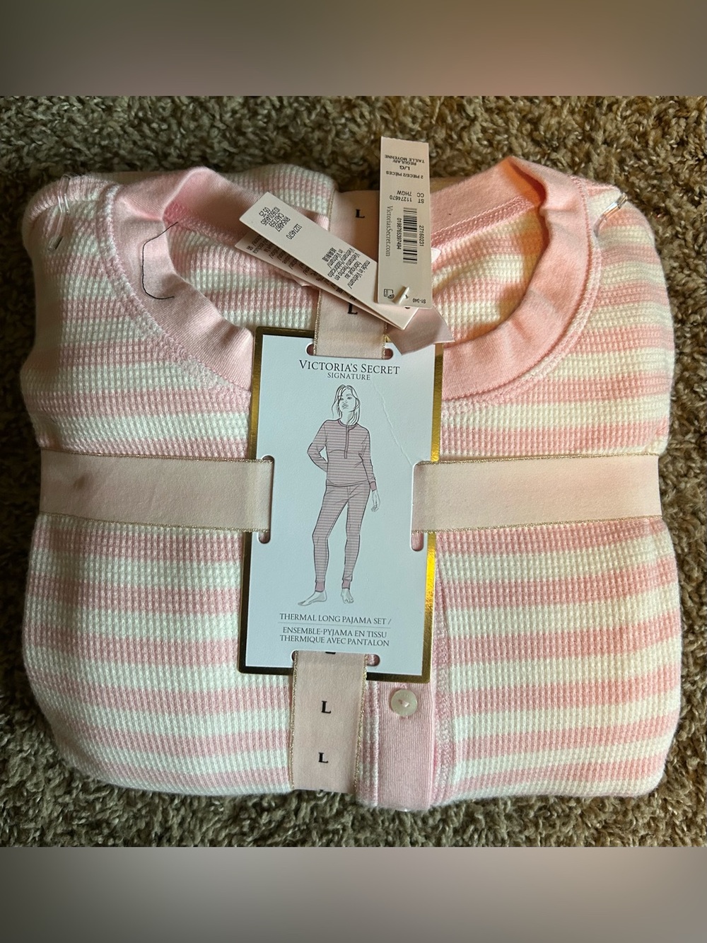 Victoria's Secret Signature Pink & White Striped Thermal Pajama Set Large NEW